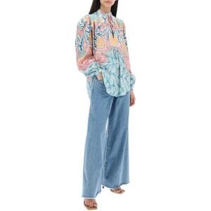 NWT Etro Teal Multicolor Paisley Georgette Long Sleeve Tie Neck Blouse 48 / XL